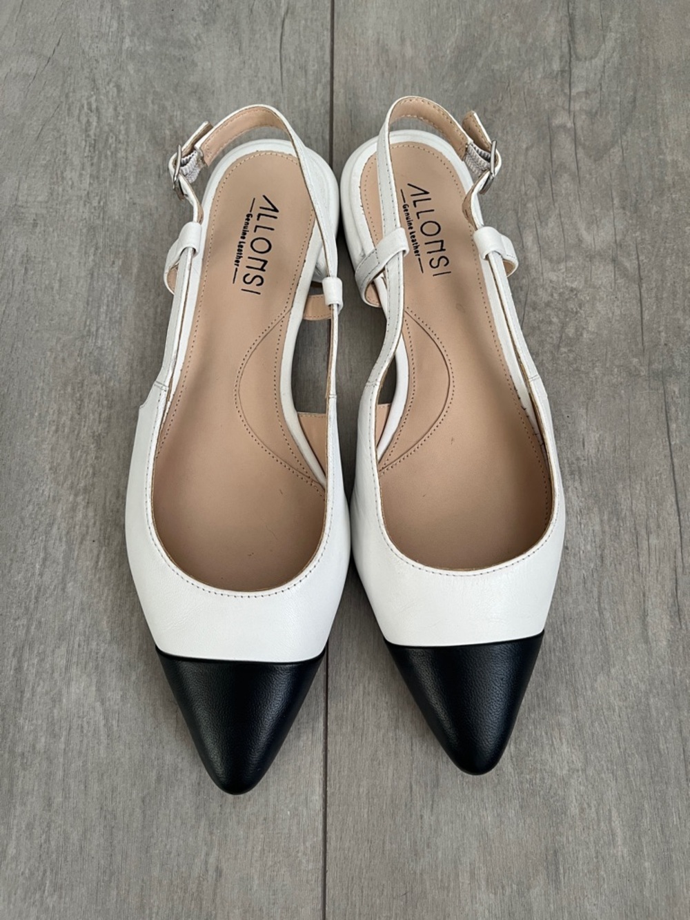 ALONSI Milana White and Black Leather Two-Tone Slingback Flats, Size 8 - Picture 2 of 10